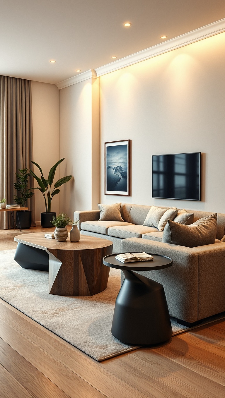 20 Fabulous Ideas for a Creative Modular Living Room - 14. Unique Side Tables: Mix Shapes and Materials