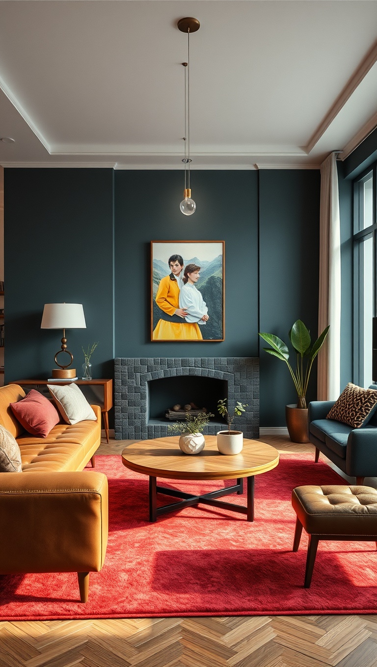 Velvet and Leather Textures in Mid-Century Modern Living Room
