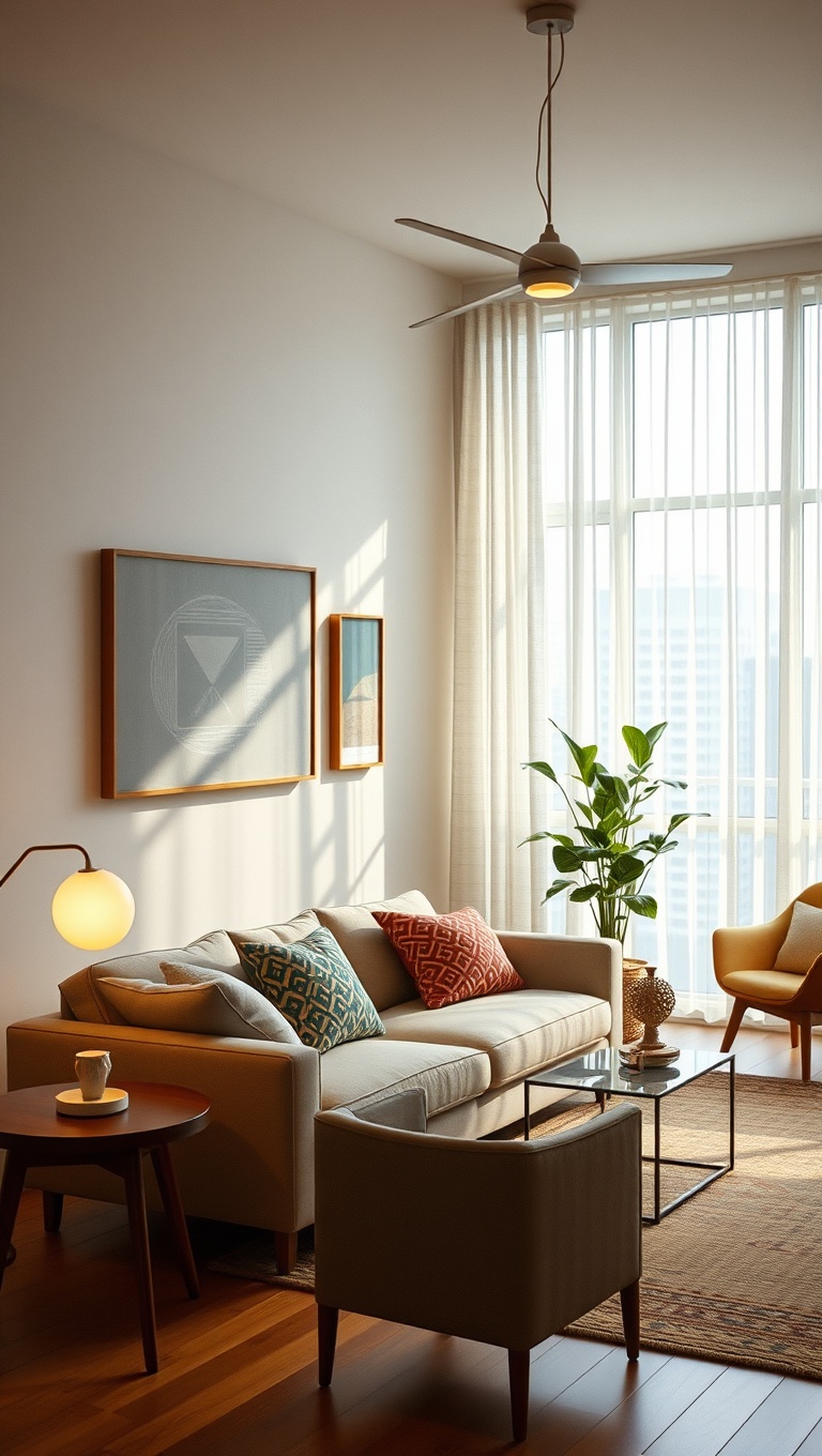 Minimalist Light Fixtures in Mid-Century Modern Living Room