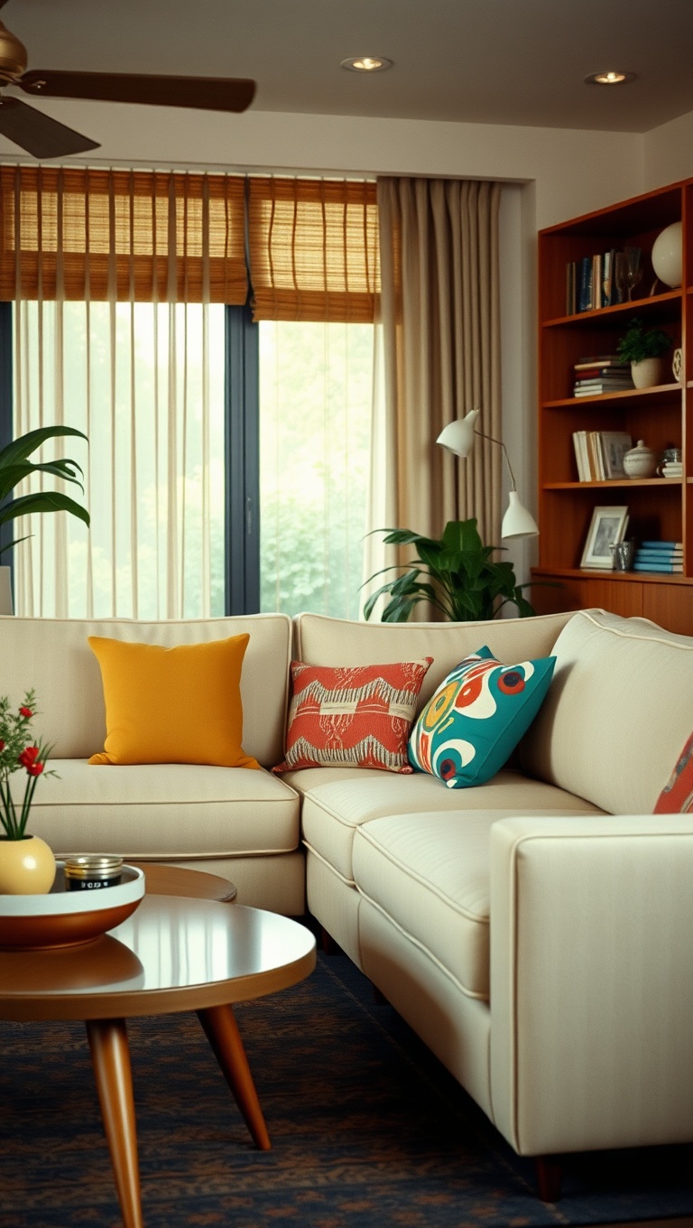 Colorful Throw Pillows in Mid-Century Modern Living Room