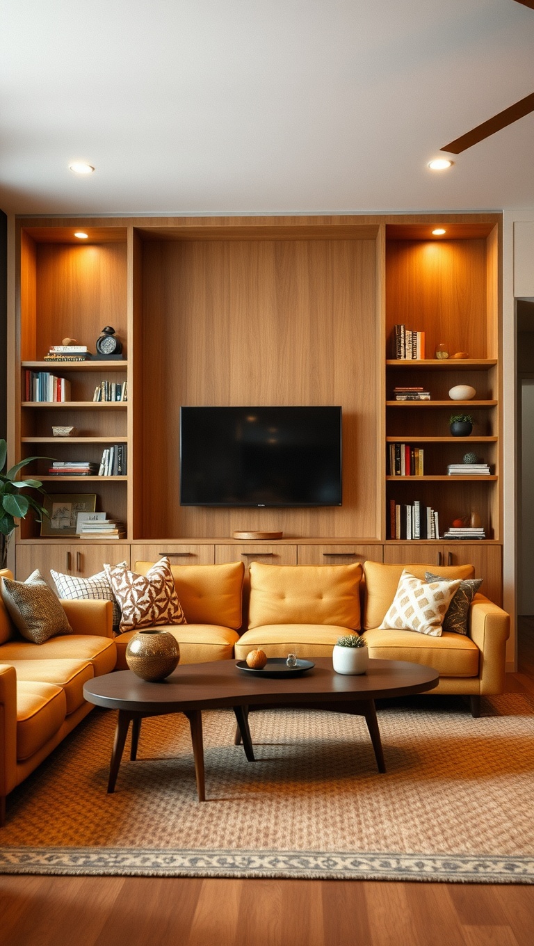 Built-In Shelving in Mid-Century Modern Living Room