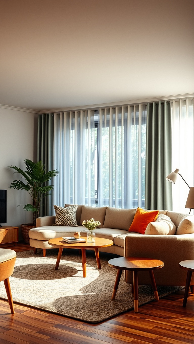 Curtains Enhancing Natural Light in Mid-Century Modern Living Room