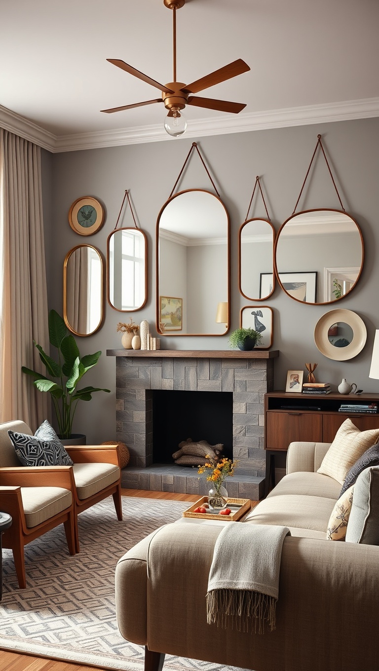 Statement Mirrors in Mid-Century Modern Living Room