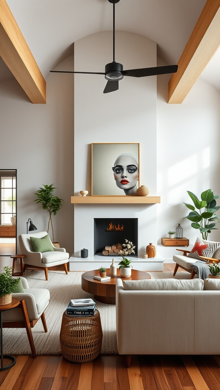 Statement Fireplace in Mid-Century Modern Living Room
