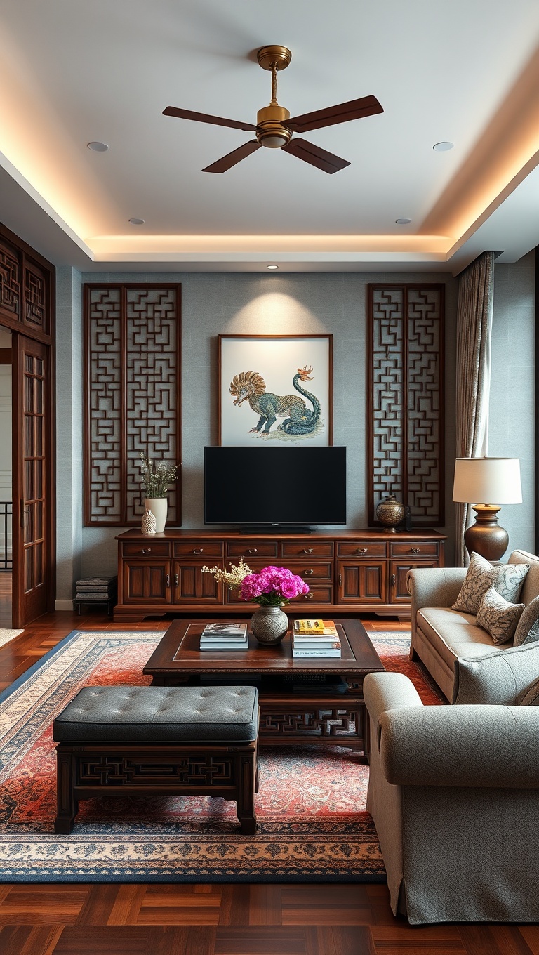 Intricate Wooden Furniture in Asian Living Room