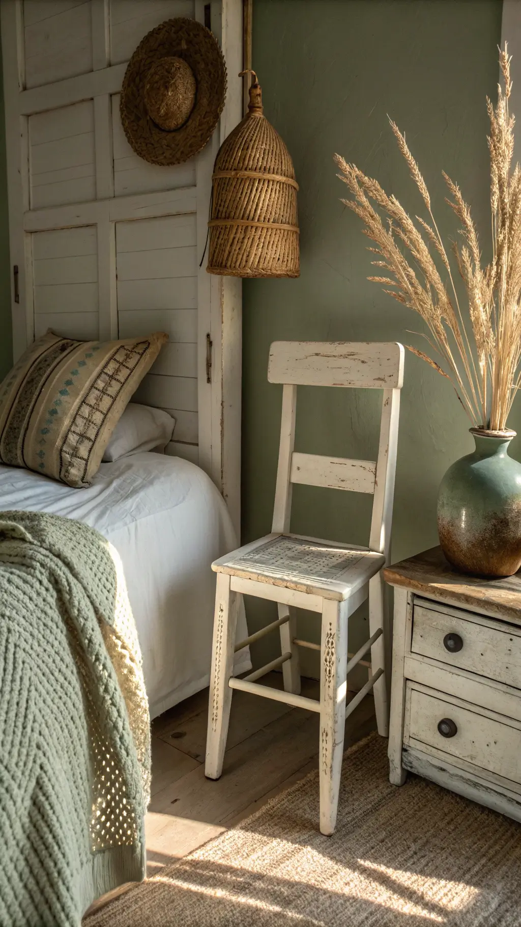 sage green farmhouse bedroom with distressed white chair, raw wood side table and aged ceramic vase, intricately shadowed by woven rattan pendant during golden hour.