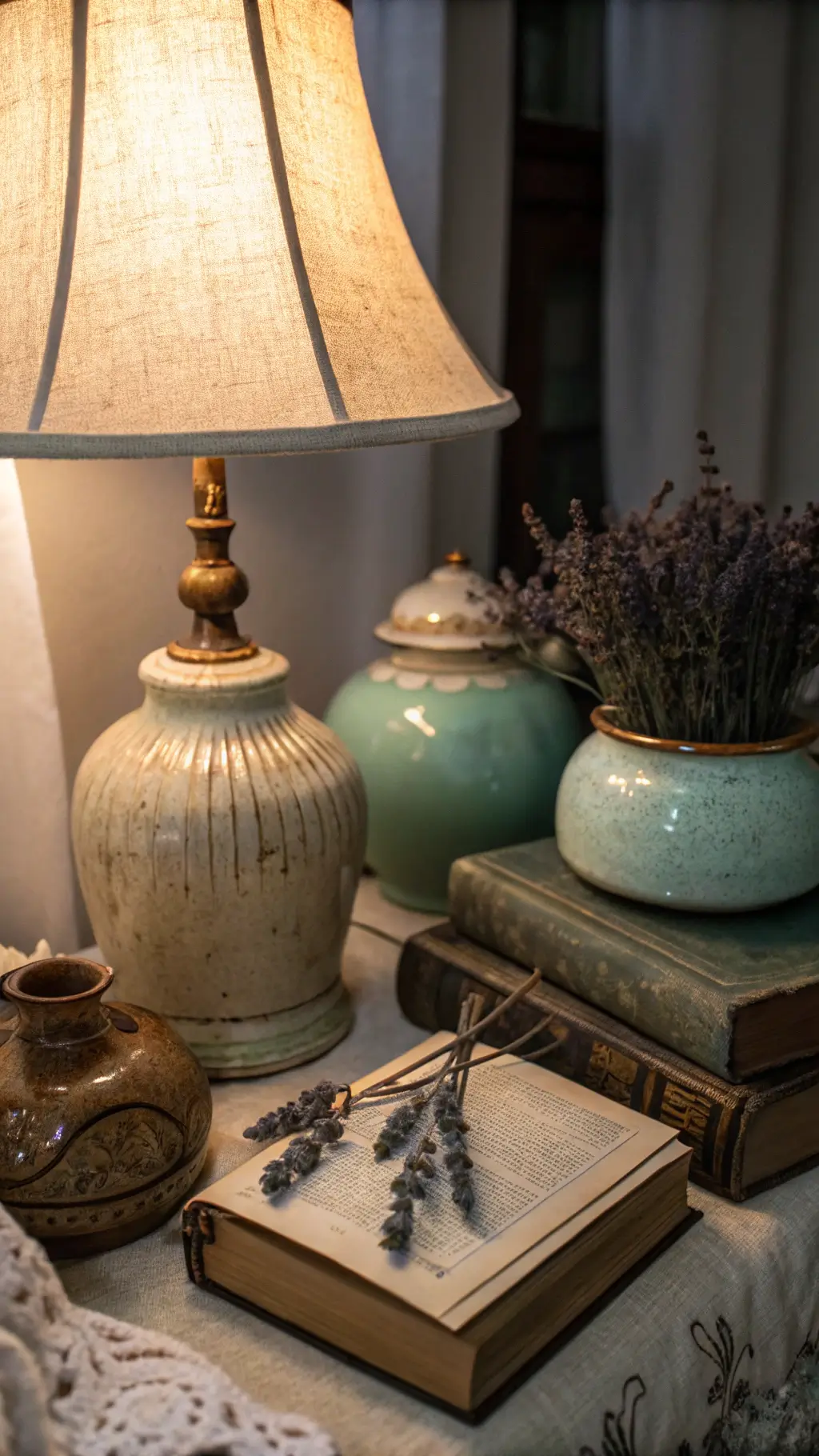 vintage brass lamp illuminating ceramic vessels and stack of antique books topped with dried lavender at dusk, captured macro distance soft lighting