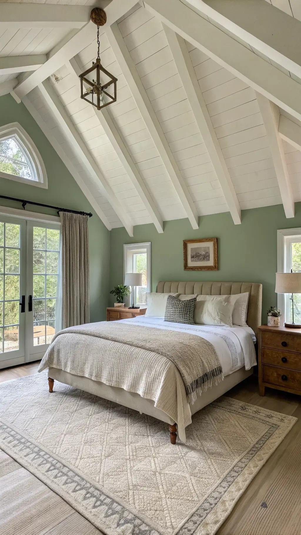 wide-angle shot of sage green farmhouse bedroom with king bed and linen duvet, cathedral ceiling white-washed beams, wood nightstands under natural soft fill light