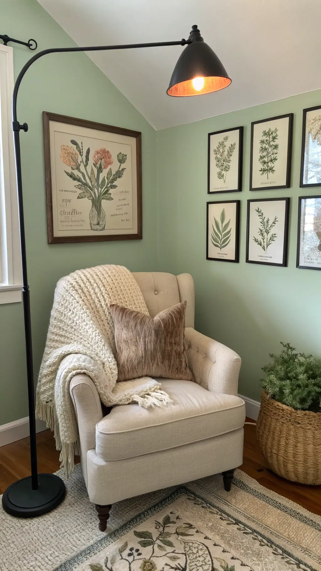 cozy sage green bedroom corner featuring an oversized cream armchair with throw and pillow, overhead black metal lamp, vintage botanical prints on the wall