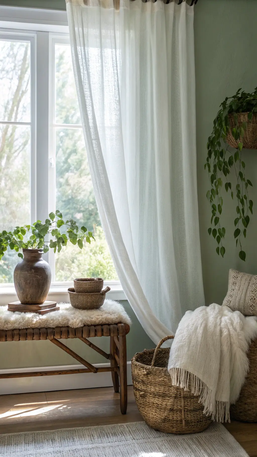 rattan bench with sheepskin, earthenware vessels, and potted ivy near a window with white curtains and sage green walls, illuminated by soft afternoon light.