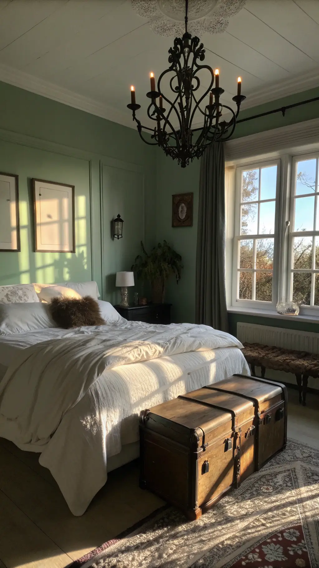 dramatic twilight bedroom with sage green walls, rumpled white linen bed under golden rays, black iron chandelier casting shadows and a vintage trunk repurposed as bench
