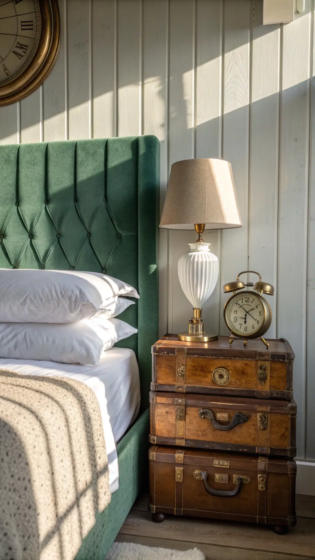 sage green velvet headboard against shiplap wall in morning light, vintage suitcases as nightstand with ceramic lamp and brass clock, white linen curtains filtering sunlight