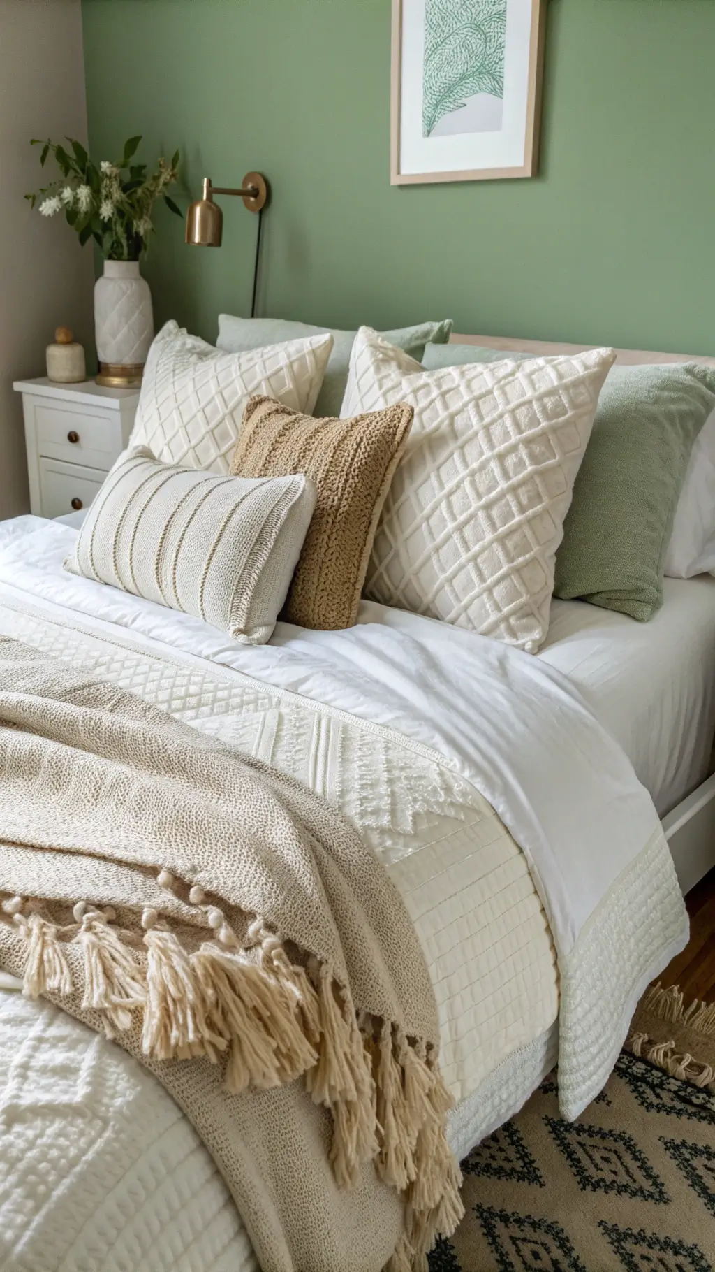 overhead view of a cozy bed with layered white and cream bedding against sage green wall, showcasing various textures linen, cotton, wool, vintage grain sack pillows hand-knit throws under soft natural light