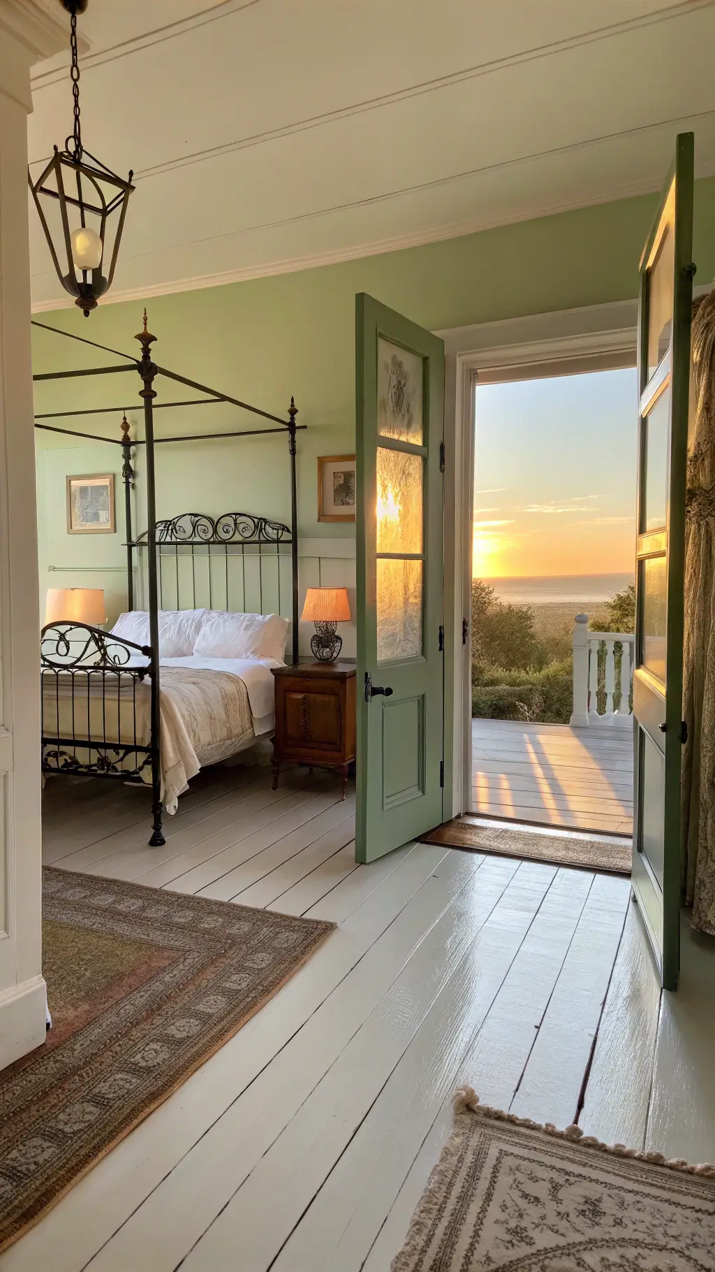 Sunrise illuminating a full room with sage green walls, white wooden floor, iron bed frame with linen canopy, antique wooden tables, and a vintage rug layered over seagrass, photographed in a wide angle from a doorway with HDR technique.