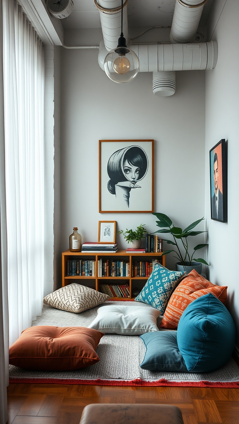20 Artsy Loft Living Room Ideas to Inspire Your Creative Space - 3. Cozy Reading Nook with Floor Cushions