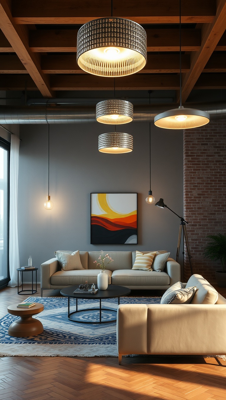 20 Artsy Loft Living Room Ideas to Inspire Your Creative Space - 6. Artistic Lighting Fixtures that Shine