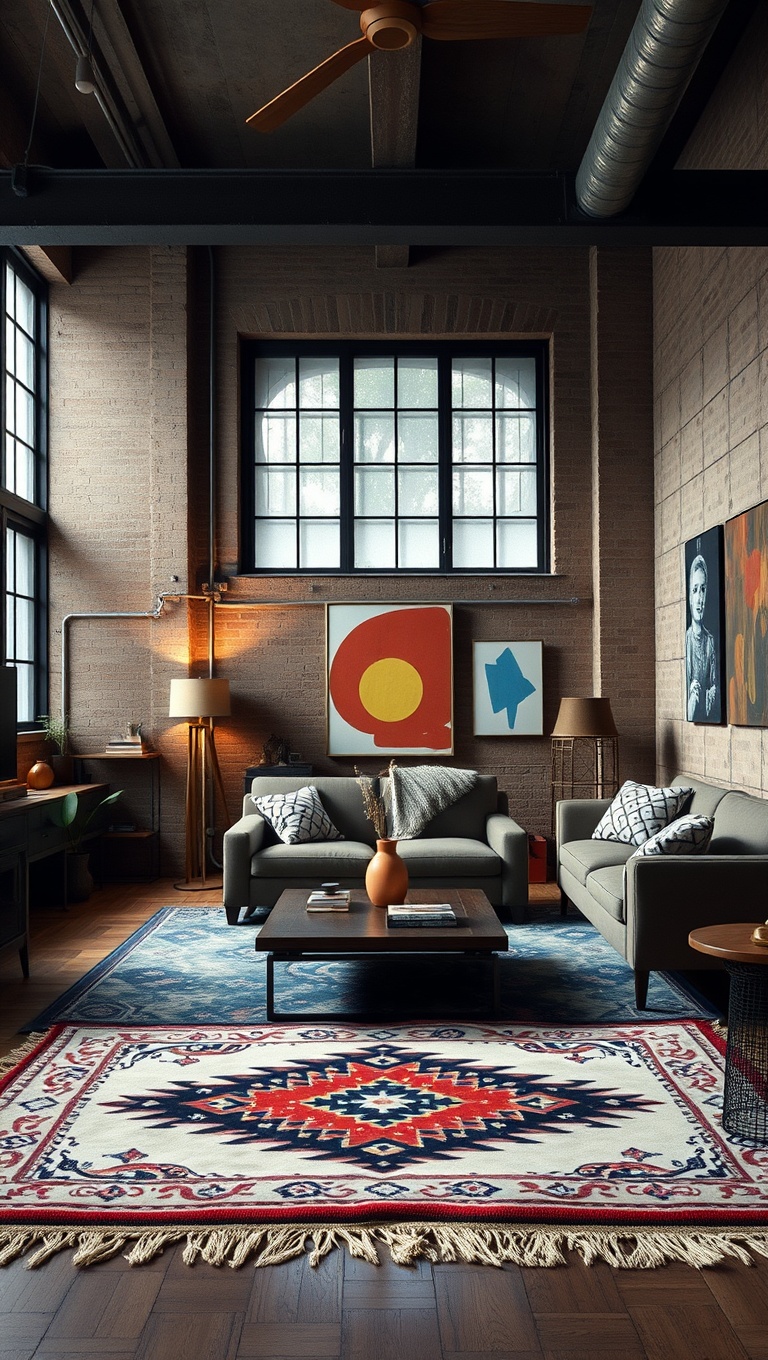 20 Artsy Loft Living Room Ideas to Inspire Your Creative Space - 12. Statement Rugs to Anchor the Room