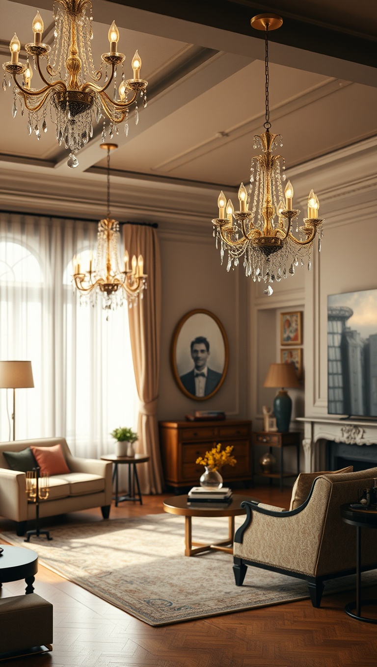 20 Sparkling Ideas to Create Your Vintage Glam Living Room - 2. Sparkling Chandeliers: Light Up Your Space