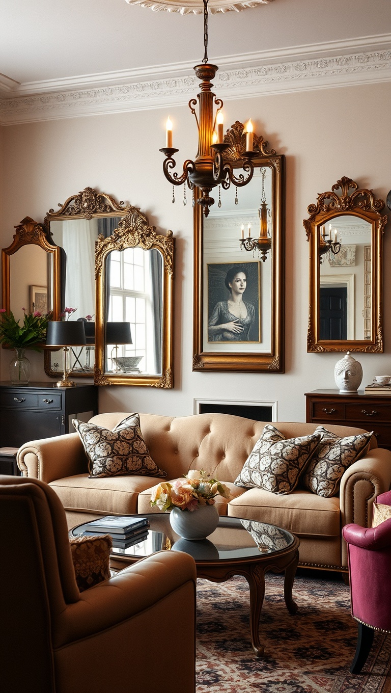 20 Sparkling Ideas to Create Your Vintage Glam Living Room - 6. Antique Mirrors: Reflect Your Style