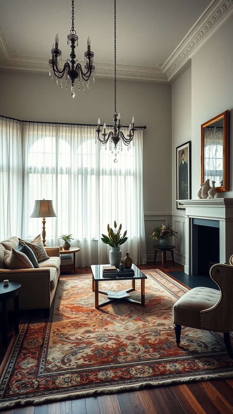 20 Sparkling Ideas to Create Your Vintage Glam Living Room - 8. Elegant Rugs: Soft Underfoot, Stylish on Display