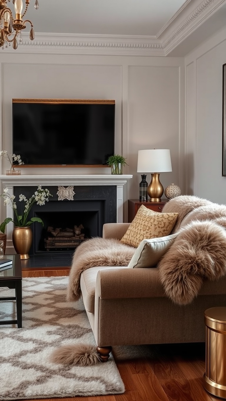 20 Sparkling Ideas to Create Your Vintage Glam Living Room - 14. Faux Fur Throws: Snuggle Up in Style