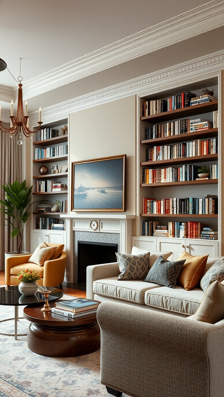 20 Sparkling Ideas to Create Your Vintage Glam Living Room - 11. Stylish Bookshelves: Display Your Treasures