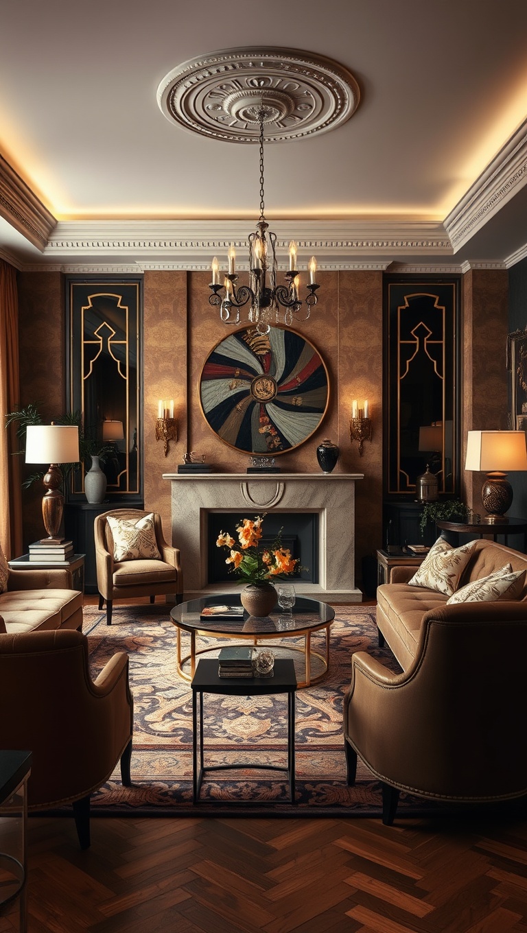 20 Sparkling Ideas to Create Your Vintage Glam Living Room - 19. Art Deco Elements: Channel the Roaring Twenties