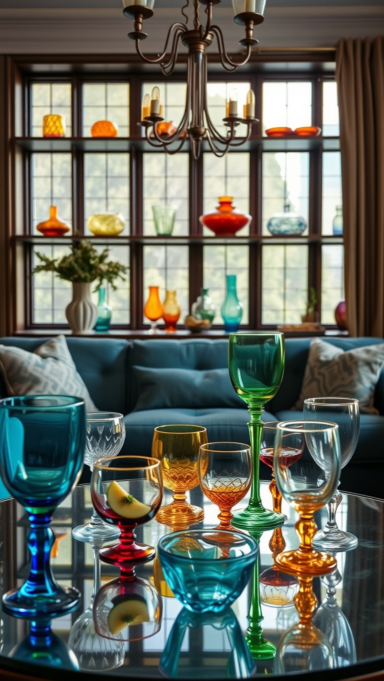 20 Sparkling Ideas to Create Your Vintage Glam Living Room - 18. Colorful Glassware: Dazzle Your Guests