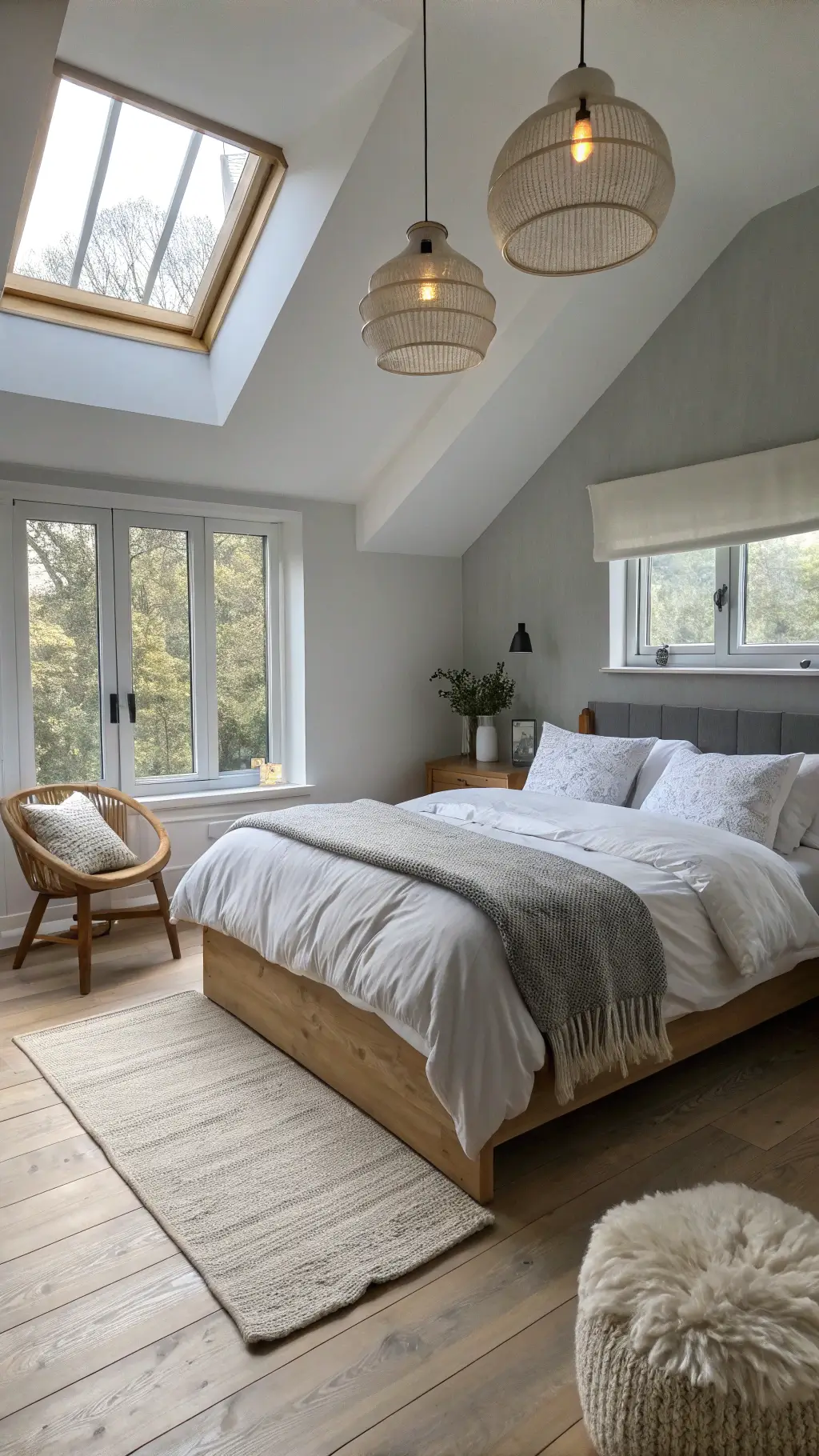 small, serene bedroom at dawn with morning light streaming through tall windows, gray walls, wooden floor and furniture, including a platform bed white linen bedding, chair sheepskin, ceramic pendant lights.