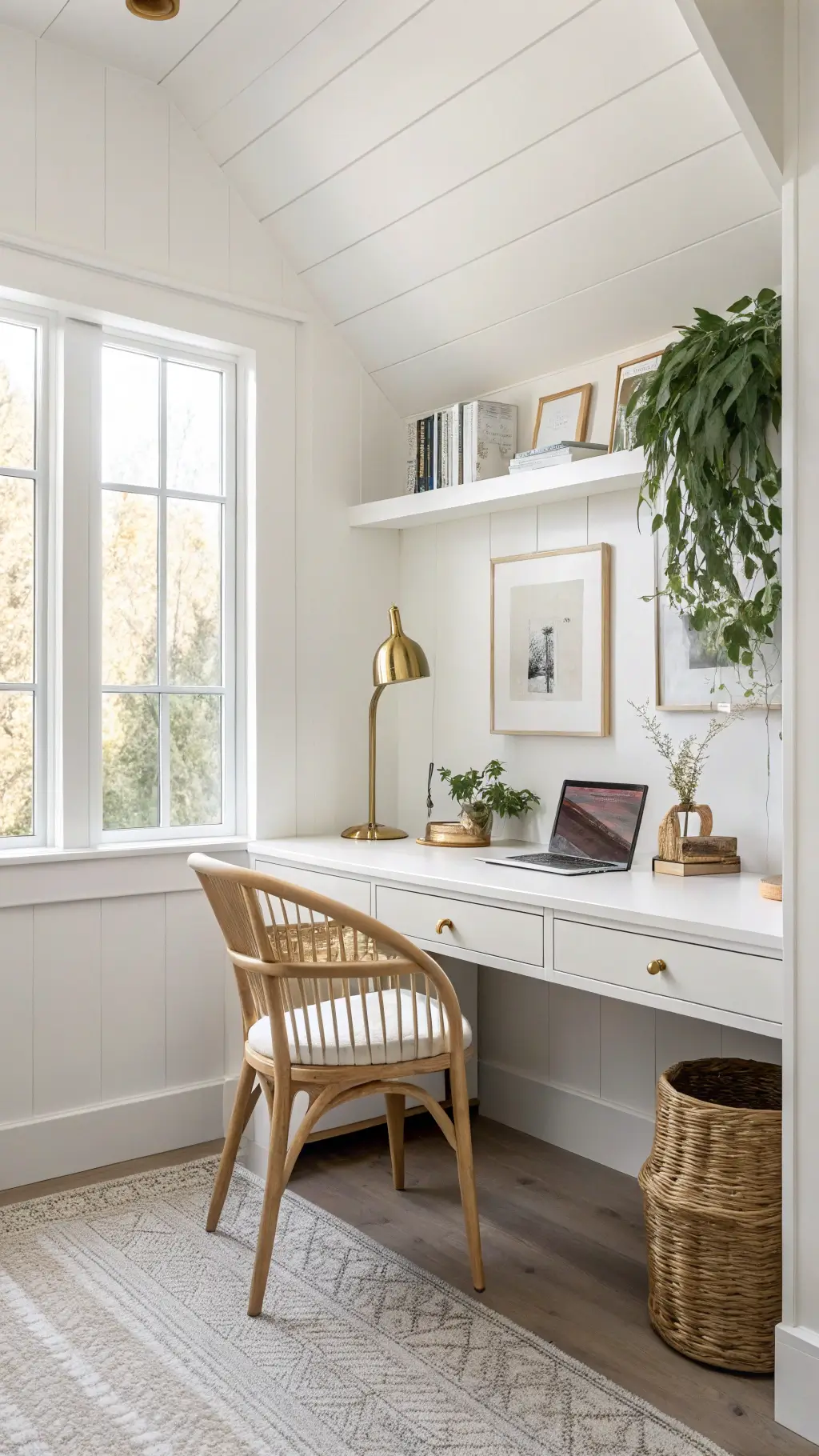 Bright and functional 8x10ft home office featuring warm white walls, minimalistic light birch built-ins, a floating white oak desk, Wegner wishbone chair, brass desk lamp, white ceramic planter with ivy, and a neutral rug, bathed in midday light from a north-facing window.