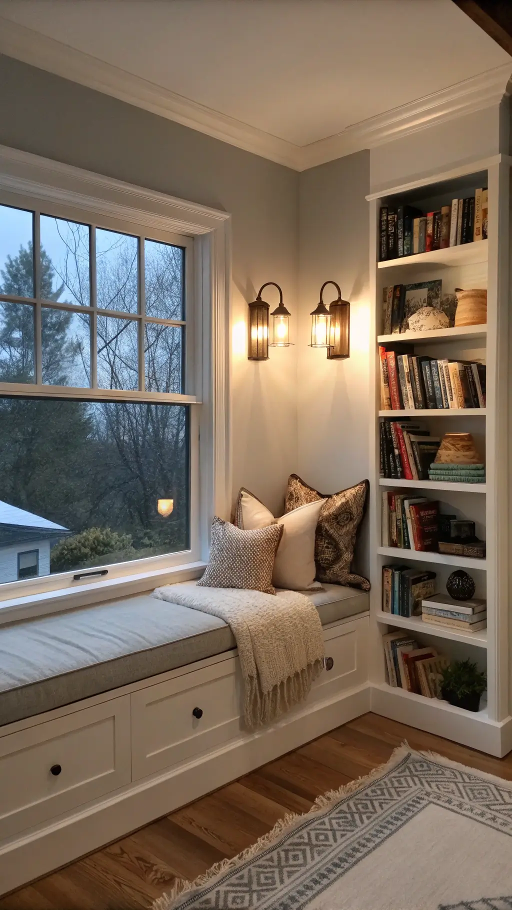 cozy 10x12ft reading nook with greyish beige walls, built-in window seat, cream cushions, chunky knit throws, sheepskin, vintage brass wall sconce, floating oak shelves books and ceramics during blue hour.