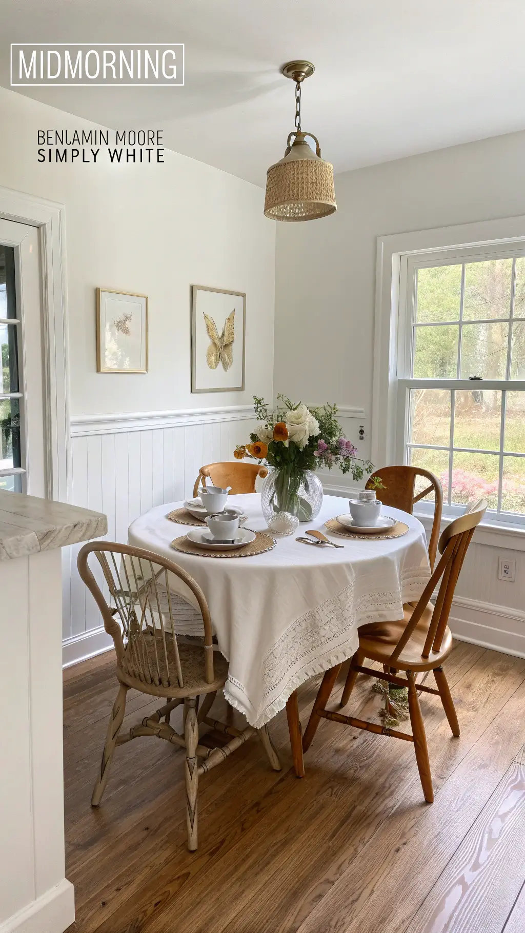 cozy 12x14ft breakfast nook featuring soft white walls, honey-toned oak floors, and a round pedestal table with four wishbone chairs, adorned linen tablecloth, ceramic pitcher wildflowers, vintage brass pendant light, photographed from corner angle to reveal adjoining kitchen.