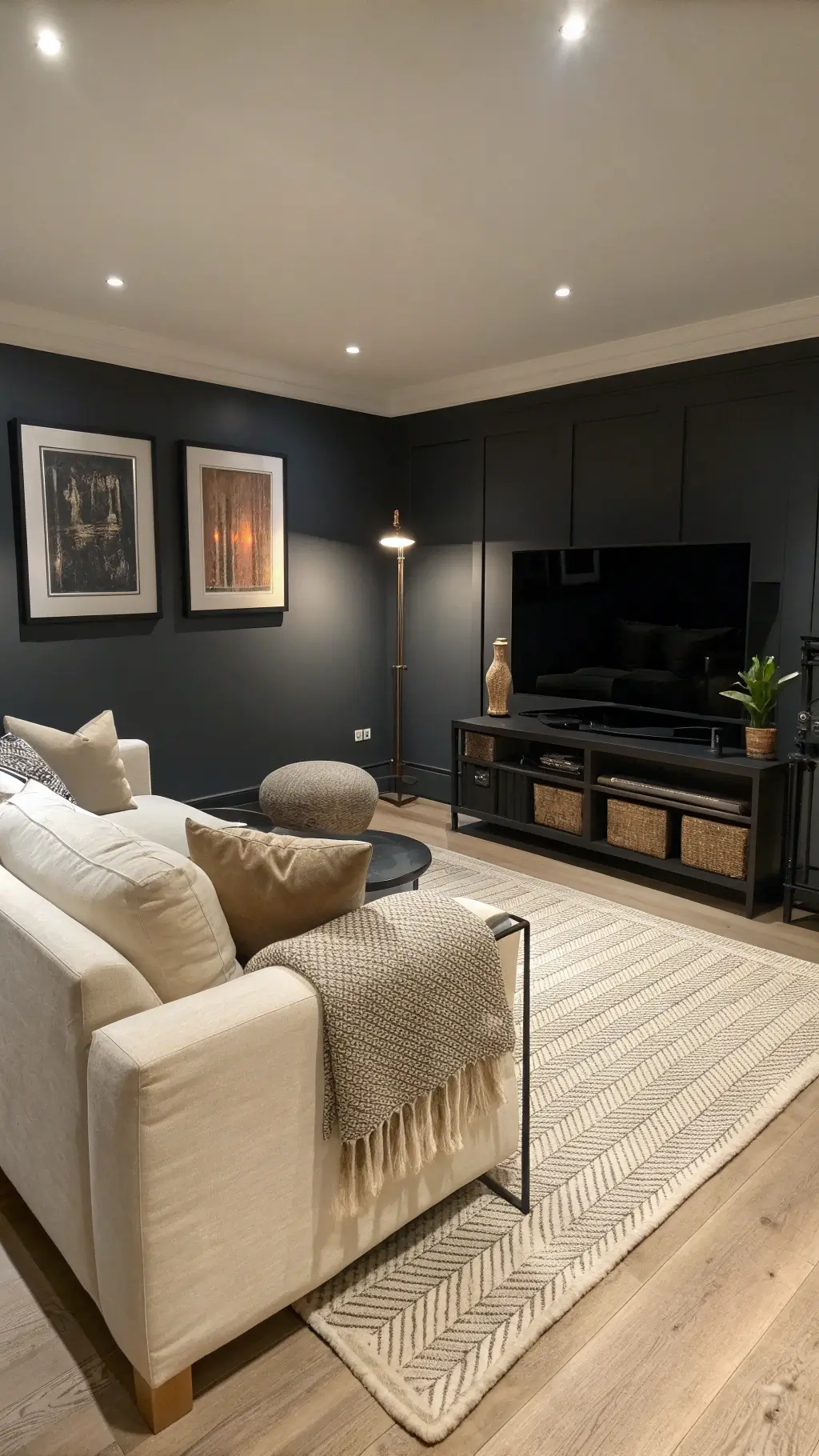 cozy 14x16ft media room at twilight with contrast of charcoal walls and pale oak flooring, highlighted by a cream bouclé sectional, black metal console, minimalist floor lamp, textured neutral rug. linen throw pillows an oversized art piece add stylish touch.