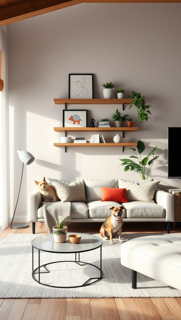 20 Pawsitively Stylish Ideas for a Pet-Friendly Living Room - Add Floating Shelves for Decor and Plants