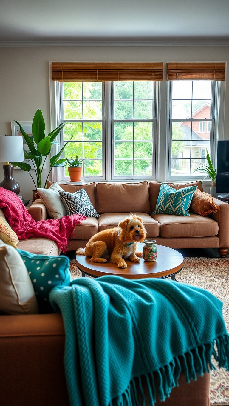 20 Pawsitively Stylish Ideas for a Pet-Friendly Living Room - Add Colorful Throws and Pillows