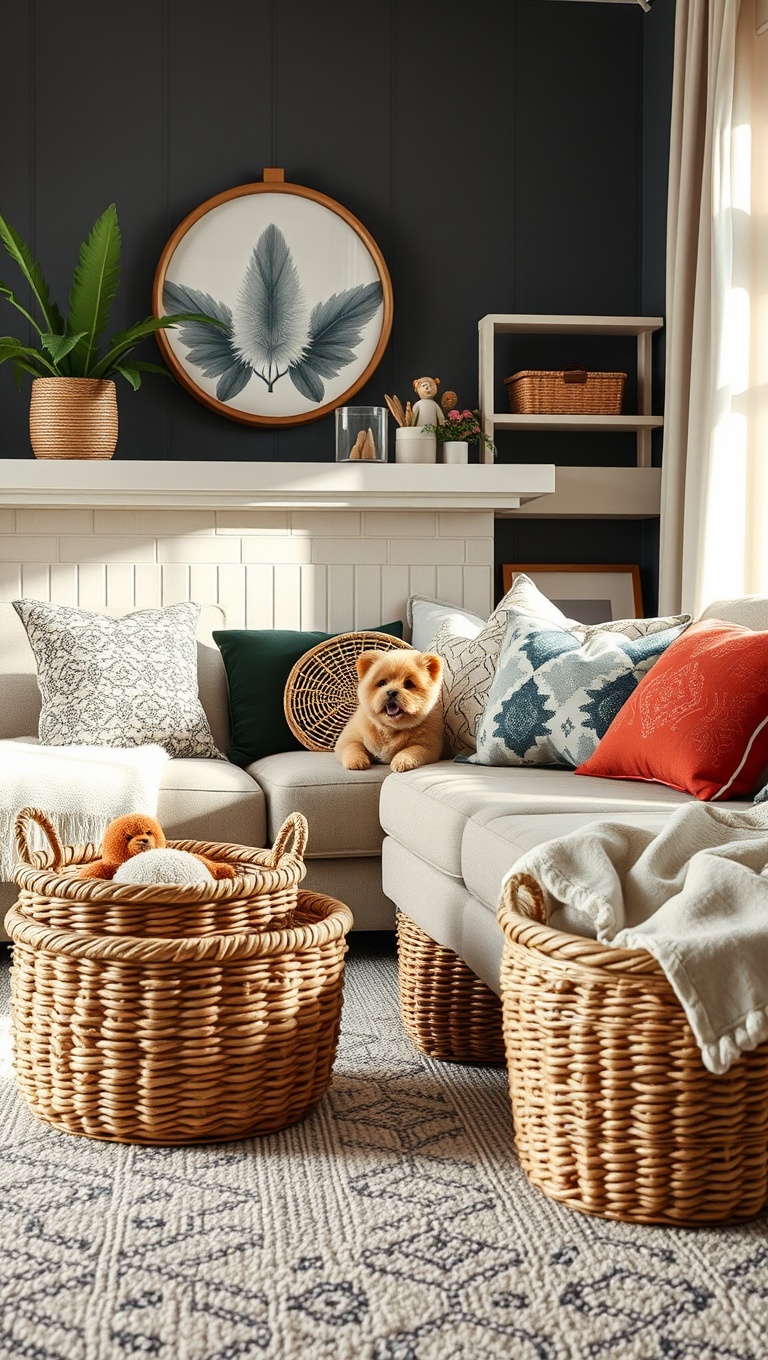 20 Pawsitively Stylish Ideas for a Pet-Friendly Living Room - Utilize Decorative Baskets for Toy Storage