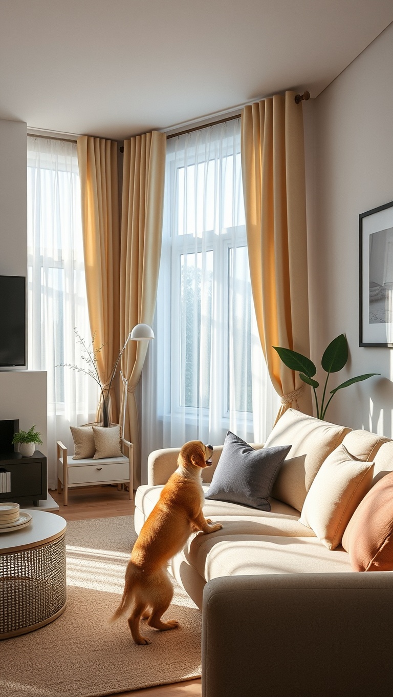 20 Pawsitively Stylish Ideas for a Pet-Friendly Living Room - Incorporate Natural Light with Sheer Curtains
