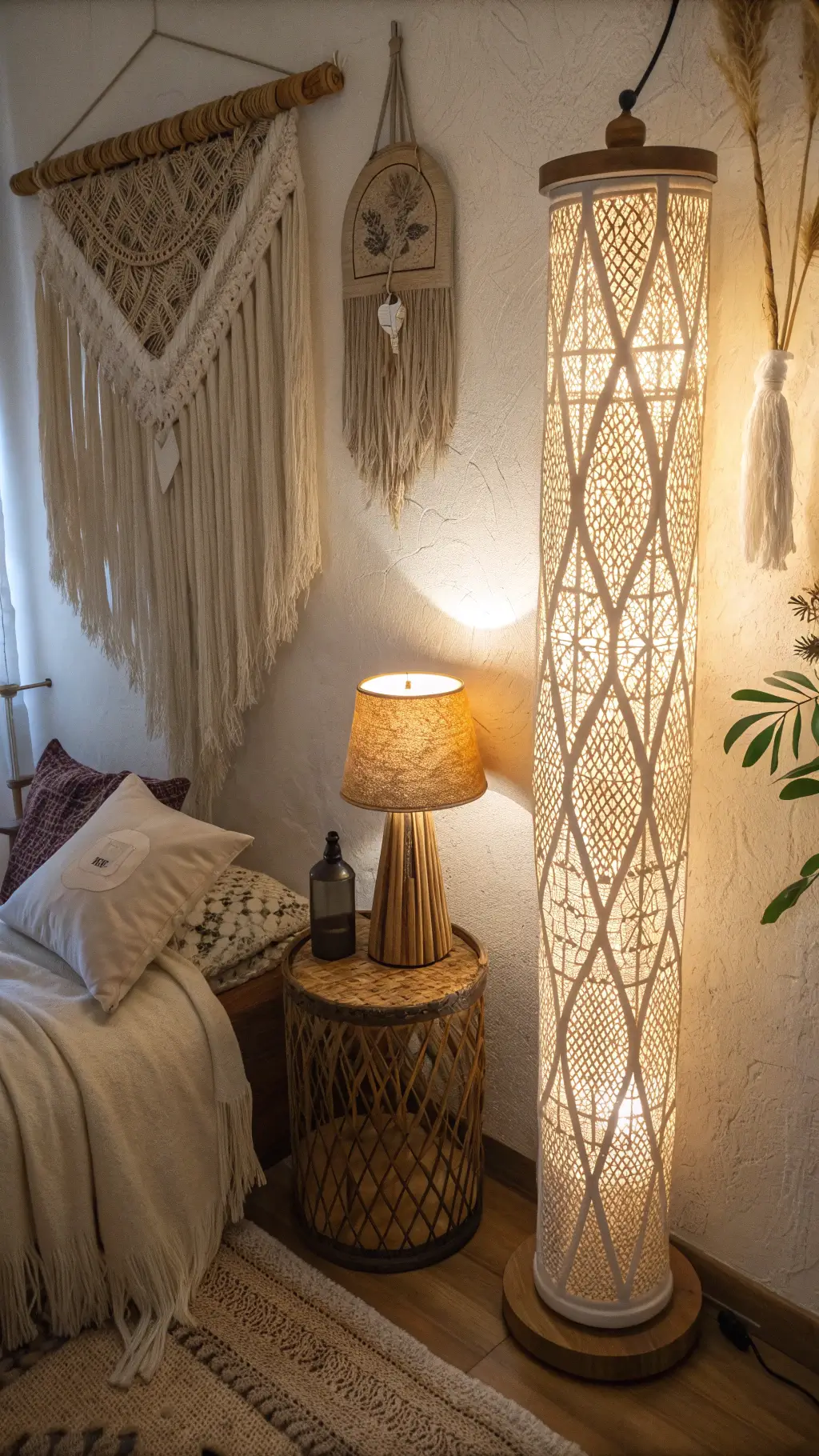 Boho bedroom corner with rattan floor lamp casting patterns on ivory walls, reclaimed teak side table with smoky glass lamp, fairy lights in macramé hanging, and rich burgundy and ochre textiles on bed, shot in ambient lighting.