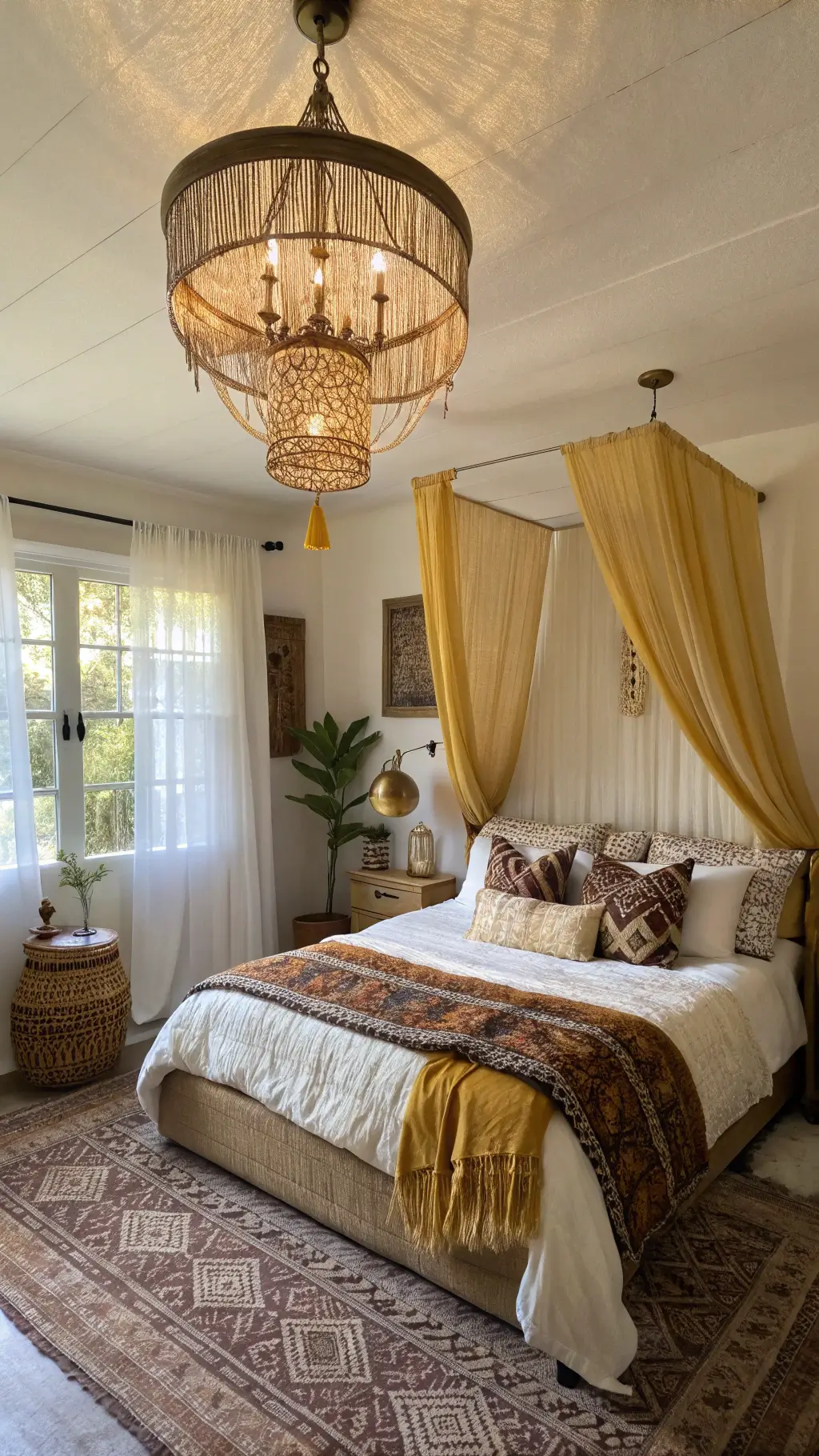 Boho styled bedroom with beaded chandelier, sheer mustard curtains, low platform bed with mixed textiles, mixed metal accents, and rich textured décor shot in diffused morning light.