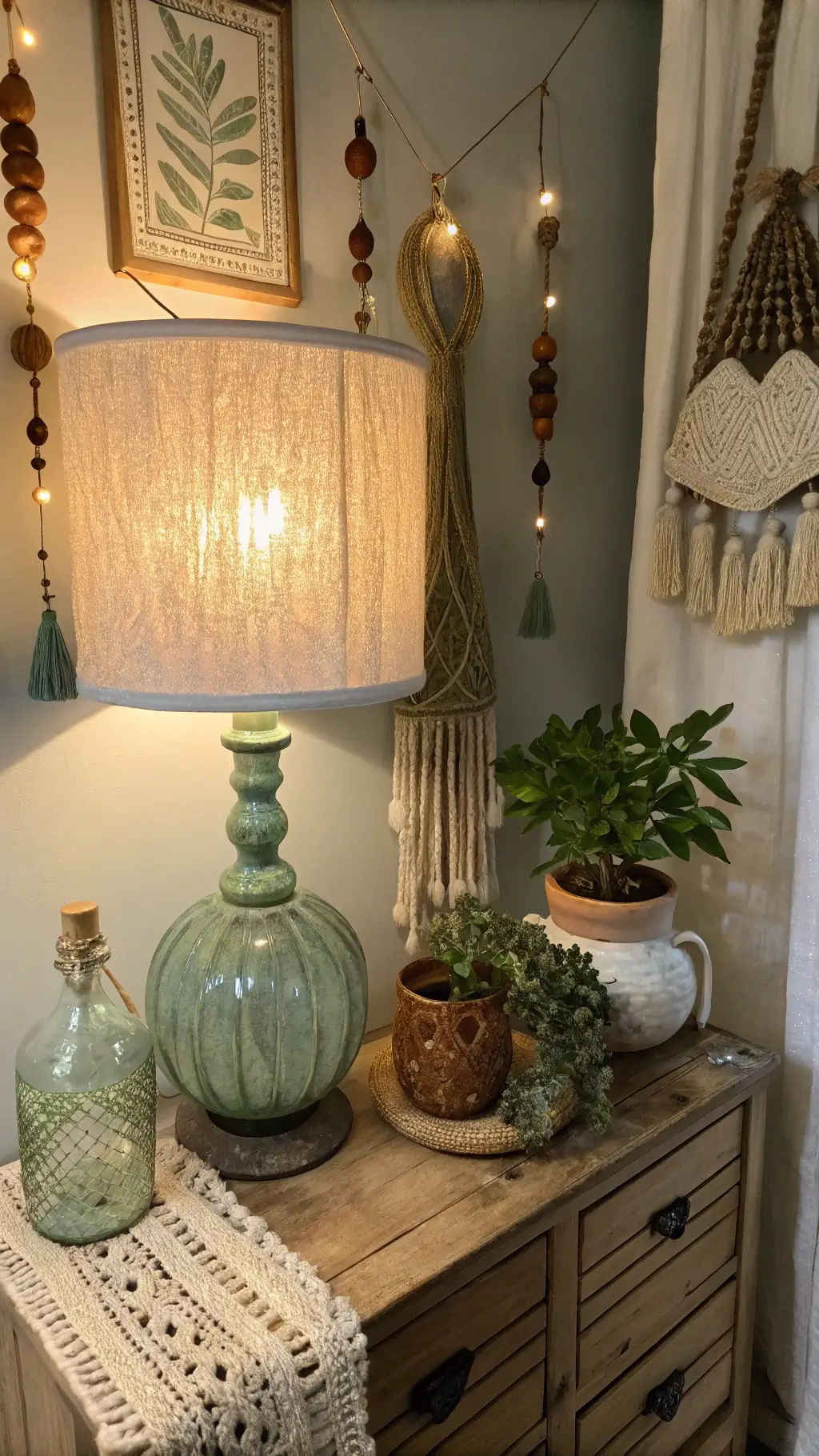 Boho bedside setting at dusk with hand-blown glass lamp, fairy lights in mason jars, macramé plant hangers, ceramic vessels and beaded tassels on a weathered wooden dresser.
