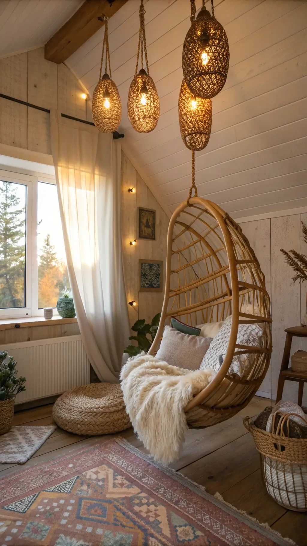 Boho-inspired bedroom nook bathed in golden sunrise light featuring a hanging bamboo chair with sheepskin throw, mixed-material pendant lights, and floor cushions with kilim patterns