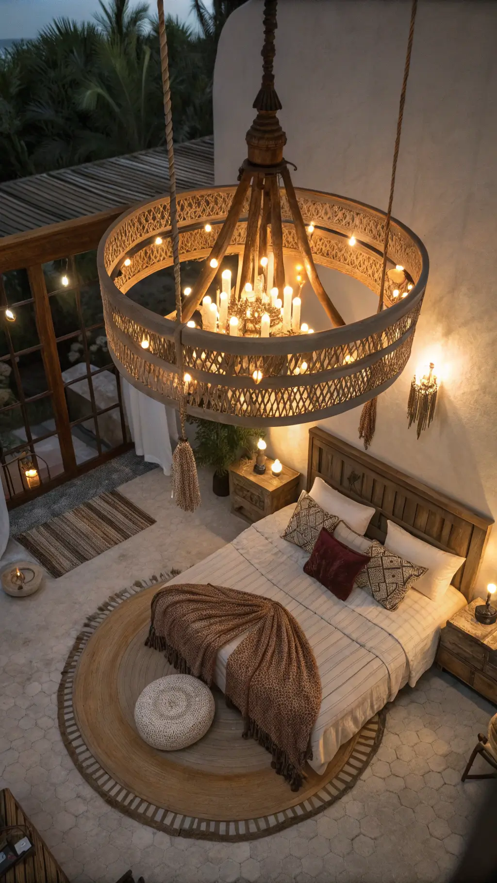 Overhead shot of a bohemian style bedroom at twilight, featuring a wooden chandelier with crystal accents, king bed with layered textiles in desert tones, various light sources, and a mix of rich textures such as velvet, rattan and handwoven textiles.