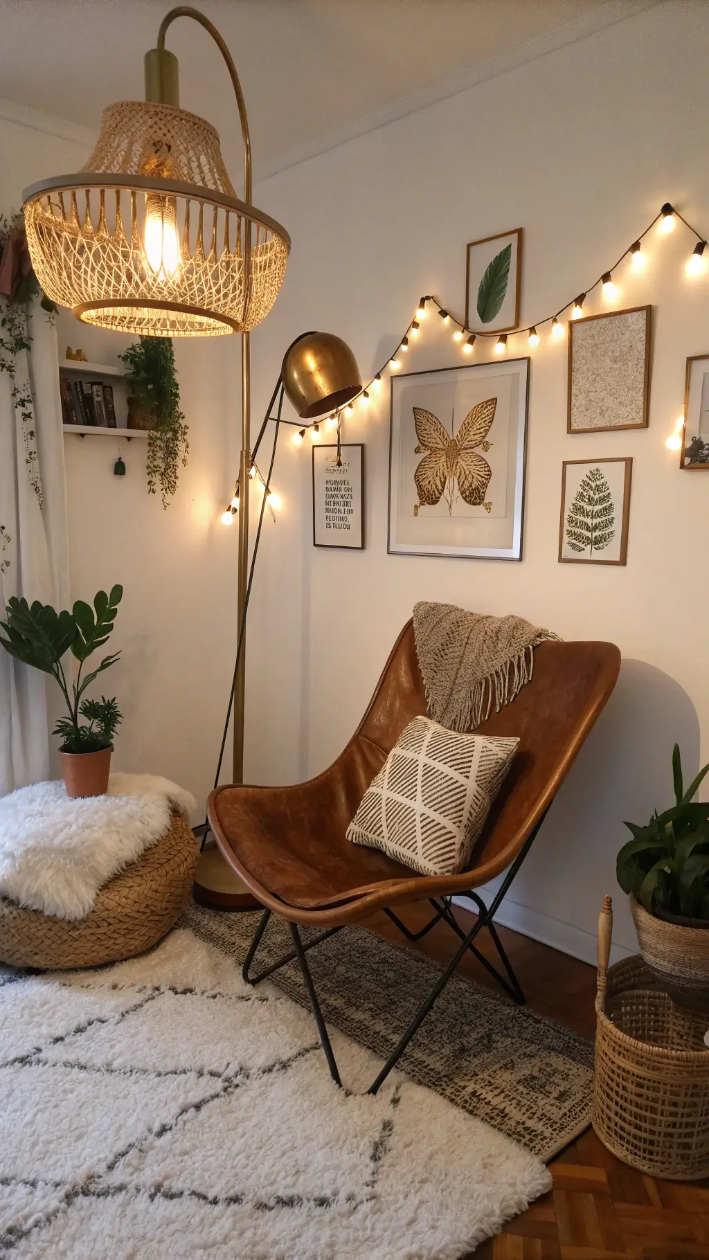 Boho reading corner at dusk featuring a vintage brass floor lamp, leather butterfly chair, mirrored gallery wall framed by string lights, rattan pendant, woven art, macramé plant holders, and textural decor like sheepskin rug and embroidered pillows, all in earth-tone palette with copper accents.