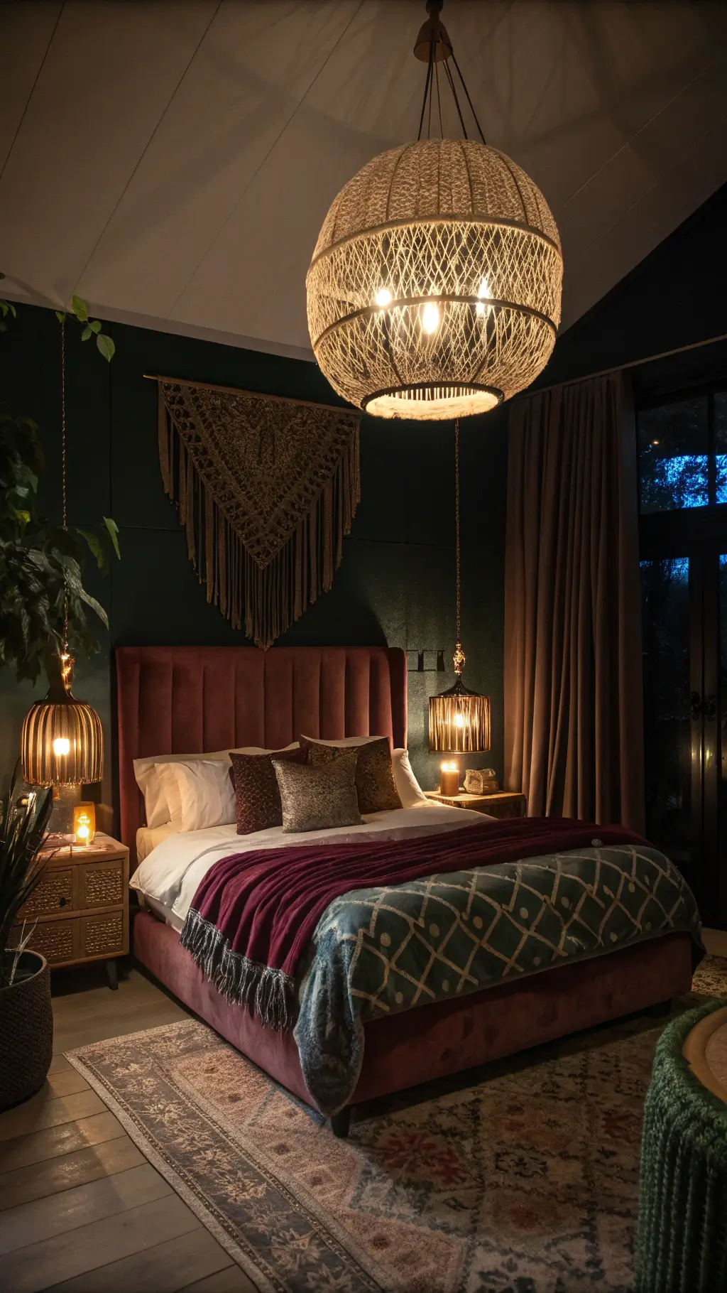 Boho sleep sanctuary at night with oversized pendant, colored glass hurricanes, copper wire lights, velvet headboard, wool throws, hemp curtains, and jewel tone accents