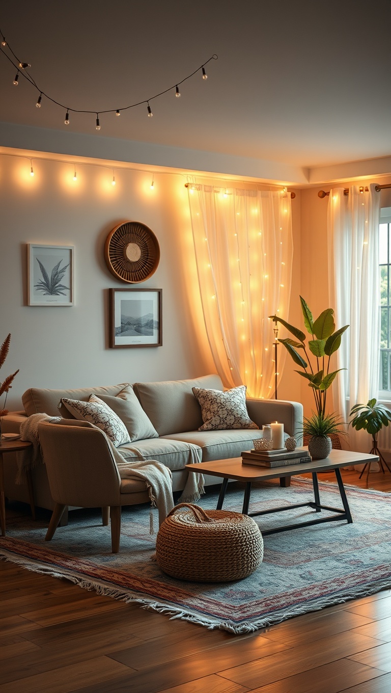 20 Dreamy Ideas for a Romantic Boho Living Room - Soft Lighting with Fairy Lights