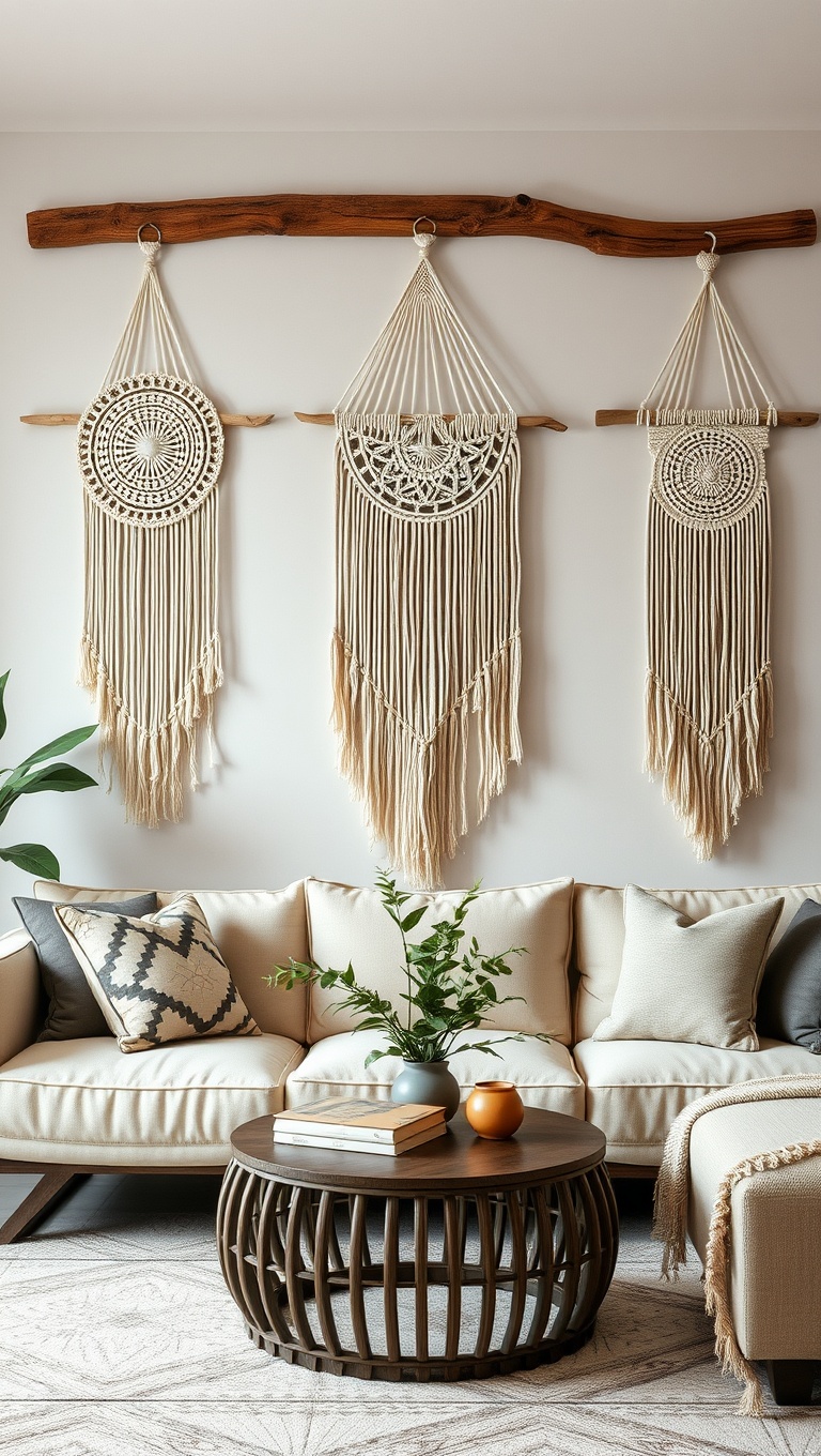 20 Dreamy Ideas for a Romantic Boho Living Room - 3. Boho-Chic Macramé Wall Hangings