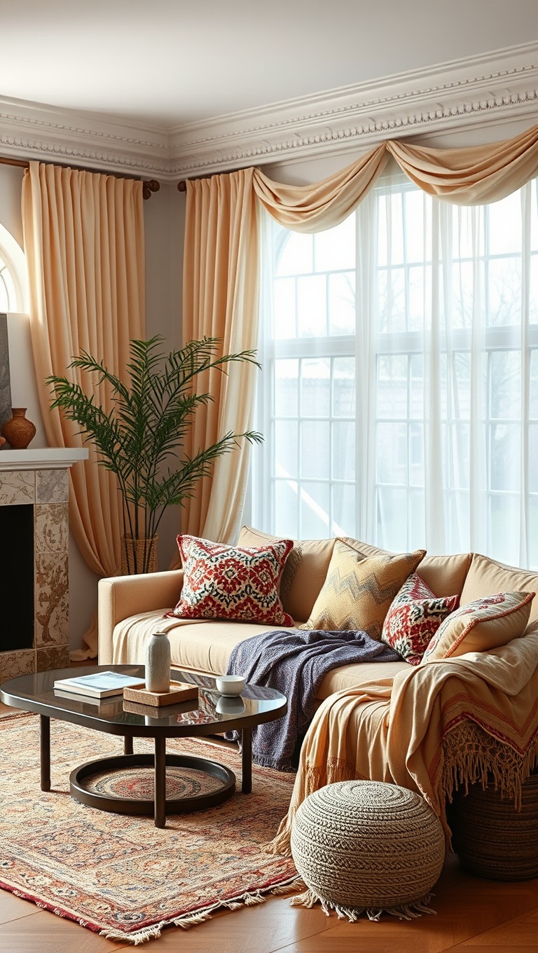 20 Dreamy Ideas for a Romantic Boho Living Room - 7. Flowing Fabrics for Draped Accents