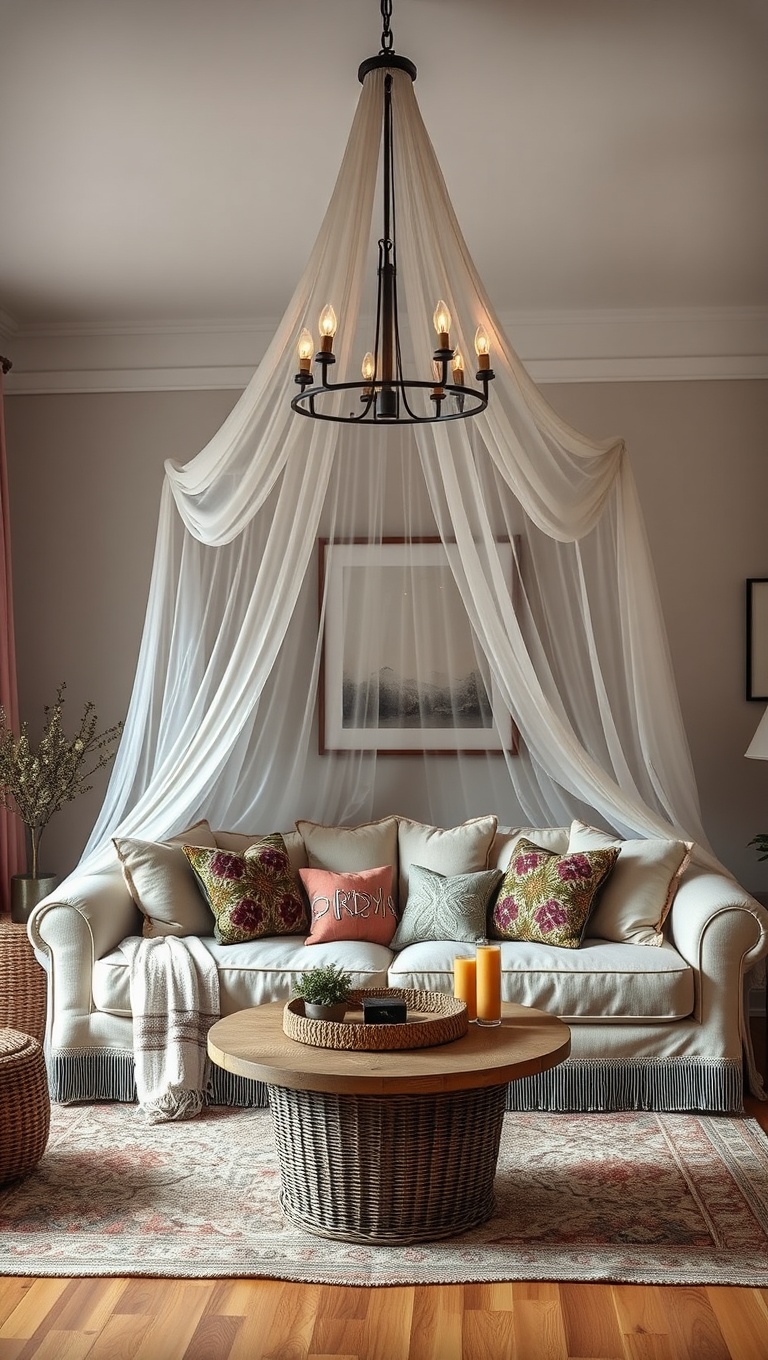 20 Dreamy Ideas for a Romantic Boho Living Room - 10. Dreamy Canopy Over the Sofa