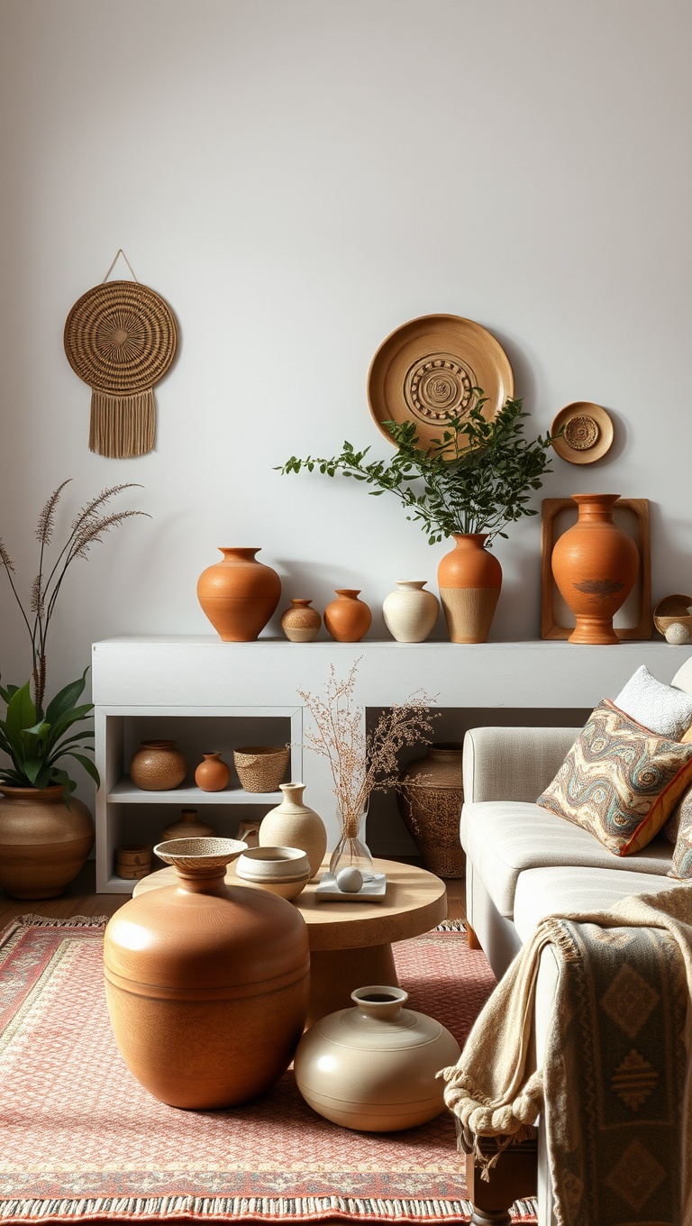 20 Dreamy Ideas for a Romantic Boho Living Room - 15. Artistic Pottery as Decor