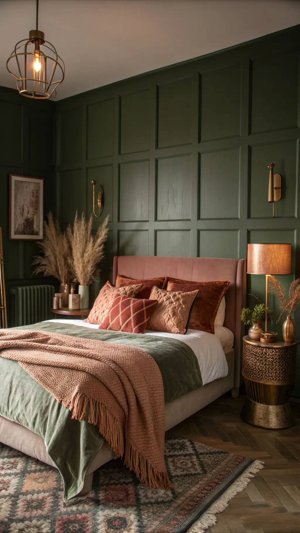 Cozy bedroom with olive green walls, rose gold accents, silk sheets, knit throws, vintage brass lamp, and ceramic vases with dried pampas grass